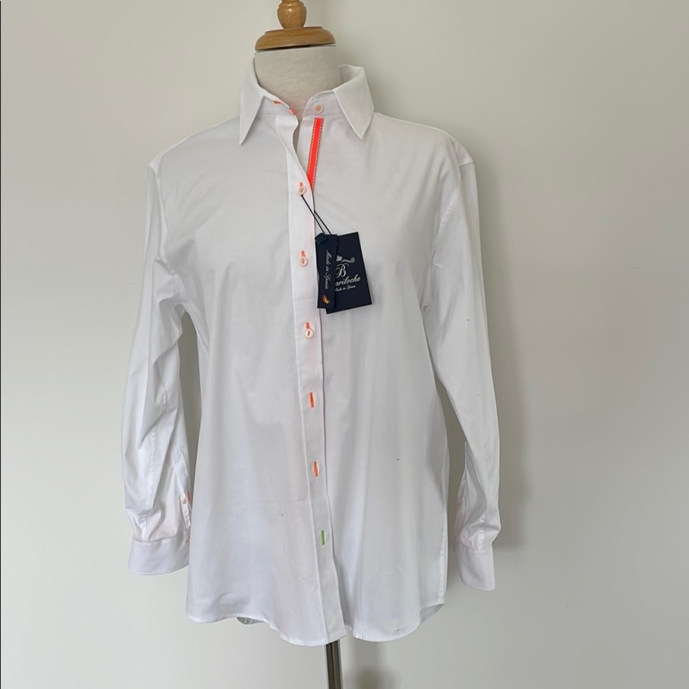 White and Orange Classic Blouse with Long Sleeves